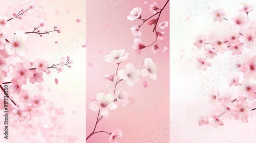 Delicate Cherry Blossom Constellation: Minimalist Pink and White Sakura Branches on Three Vertical Canvases, Elegant Design for Cultural and Lifestyle Publications at Dawn and Dusk.