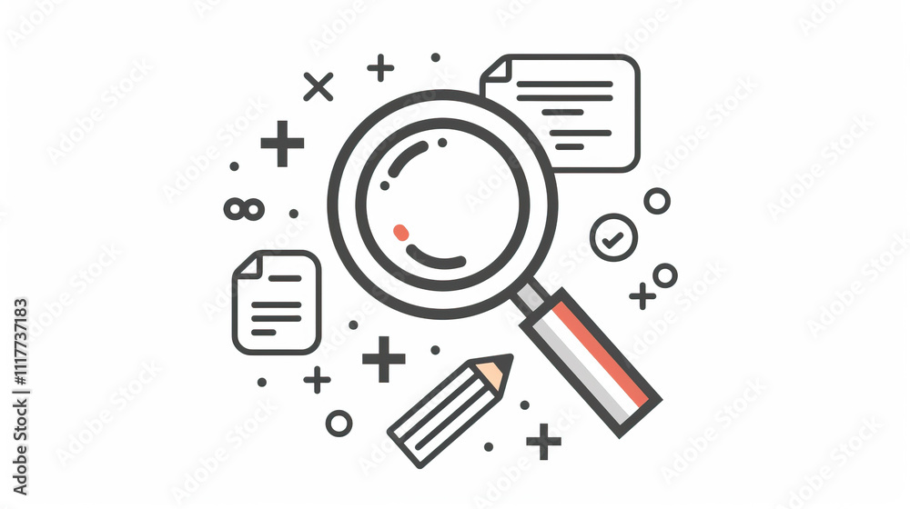 Black and white illustration of a magnifying glass over documents surrounded by symbols of analysis investigation and information search
Black and white illustration of a magnifying glass over documents surrounded by symbols of analysis investigation and information search
