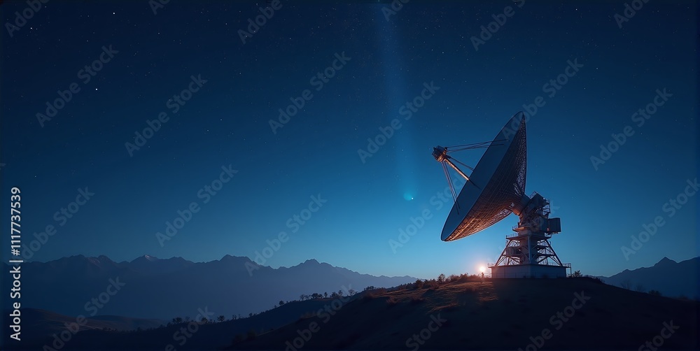 A massive radio telescope pierces the dark night sky, silently capturing cosmic whispers and distant celestial signals from unknown galaxies A massive radio telescope pierces the dark night sky, silently capturing cosmic whispers and distant celestial signals from unknown galaxies