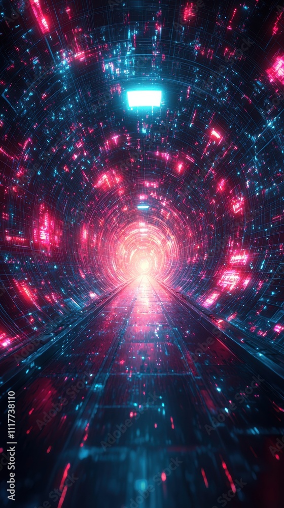 Vibrant digital tunnel with glowing lights creates a futuristic illusion of depth and movement Vibrant digital tunnel with glowing lights creates a futuristic illusion of depth and movement