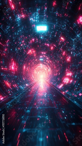 Vibrant digital tunnel with glowing lights creates a futuristic illusion of depth and movement