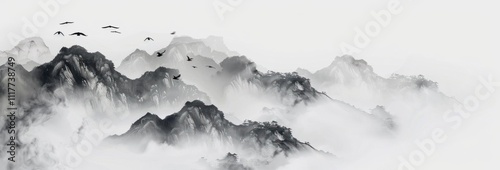 Misty Mountain Range: A Serene Ink Wash Painting