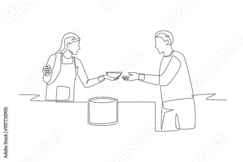 Serving at soup kitchens concept one-line drawing