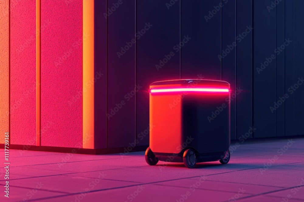 A futuristic autonomous delivery robot with glowing neon lights, positioned against a modern architectural backdrop.