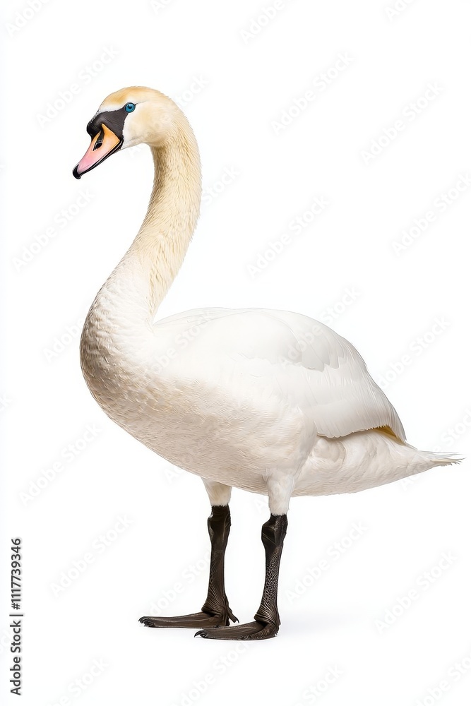 A graceful swan stands elegantly, showcasing its long neck and pristine white feathers against a plain background. A graceful swan stands elegantly, showcasing its long neck and pristine white feathers against a plain background.