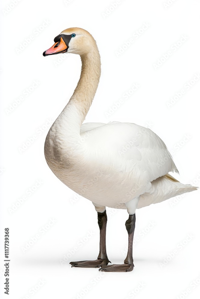 A graceful swan stands elegantly against a white background, showcasing its long neck and pristine feathers. A graceful swan stands elegantly against a white background, showcasing its long neck and pristine feathers.