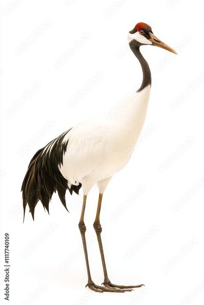 A tall, elegant crane with a distinctive red crown and long legs, standing gracefully against a white background. A tall, elegant crane with a distinctive red crown and long legs, standing gracefully against a white background.