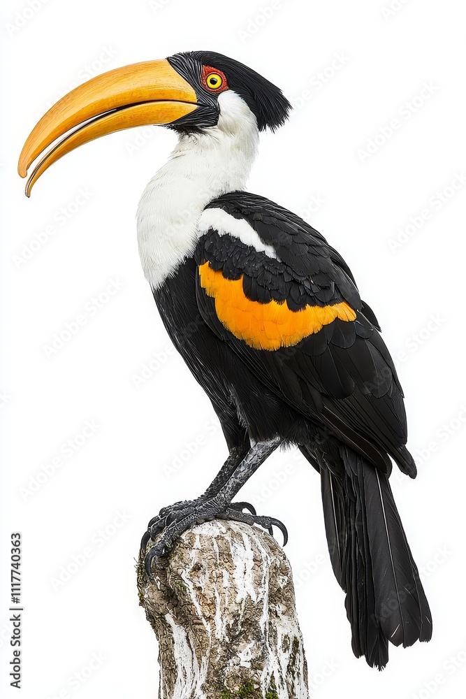 Fototapeta premium A striking toucan with a vibrant orange beak and distinctive black and white plumage perched on a tree stump.