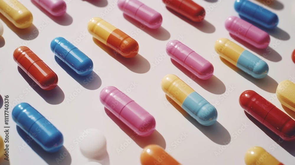A pattern of colorful capsules on a white background with one white pill in the center. A pattern of colorful capsules on a white background with one white pill in the center.