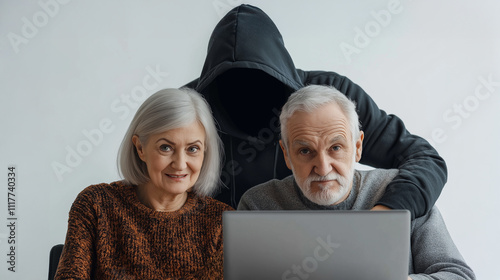 Elderly retired couple unknowingly fall victim to scammers. Conceptual picture of fraud, deception photo