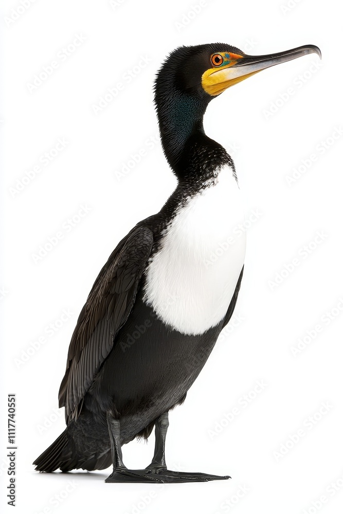 Fototapeta premium A cormorant stands upright, showcasing its sleek black feathers and distinctive yellow throat patch against a plain background.