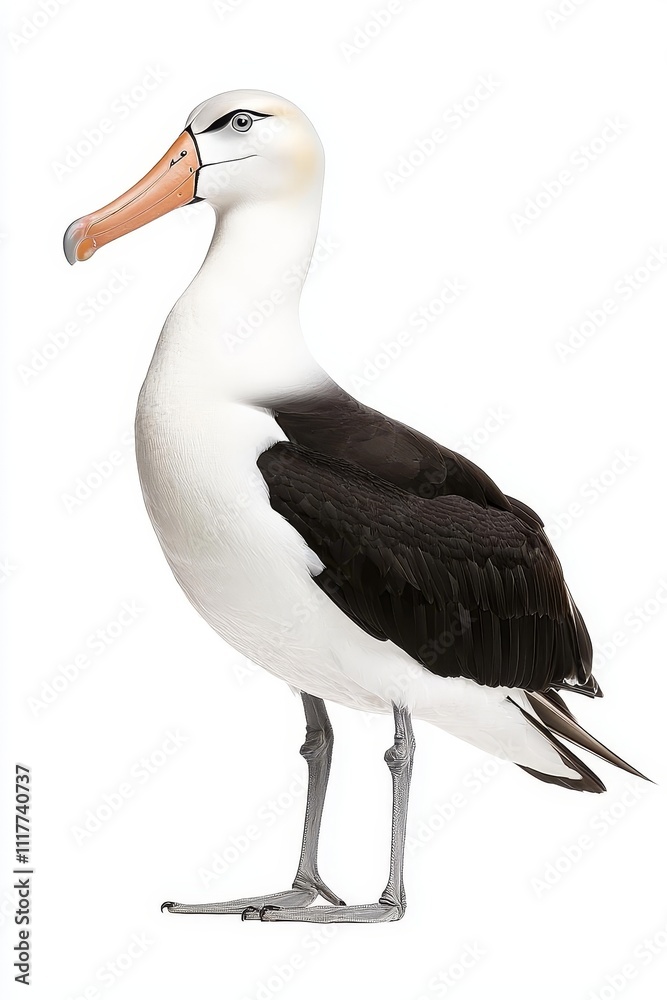 Obraz premium A striking albatross stands gracefully, showcasing its distinctive black and white plumage and long wingspan, embodying elegance and grace.