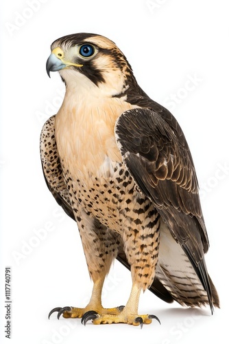 A striking falcon stands poised, showcasing its distinct feathers and keen gaze against a clean background.