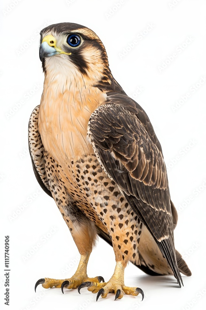 Fototapeta premium A striking falcon with distinctive markings, showcasing its powerful build and keen gaze, ready for flight.