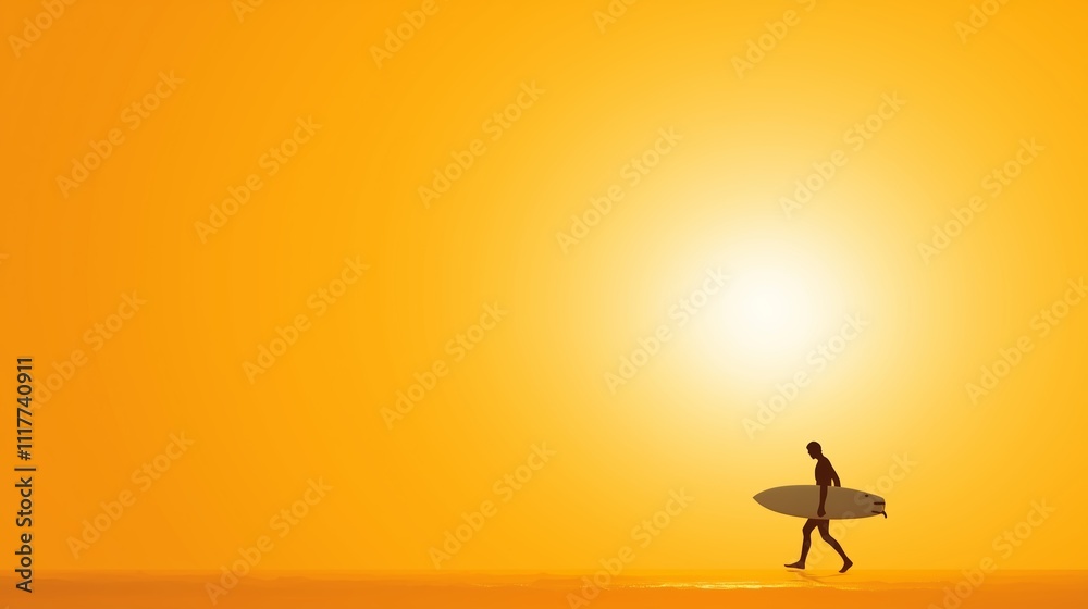 Surfer walking along the beach at sunset with vibrant orange sky and calm ocean waves Surfer walking along the beach at sunset with vibrant orange sky and calm ocean waves