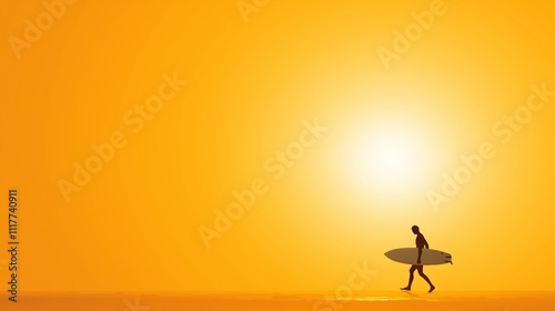 Surfer walking along the beach at sunset with vibrant orange sky and calm ocean waves