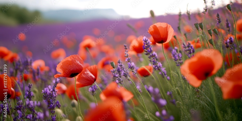 Obraz premium A vibrant field of red poppies mixed with purple lavender flowers creates a perfect landscape. This photo captures the essence of summer blooms in nature. Ideal for floral art and decorative use. AI