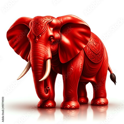 A red decorative elephant sculpture with intricate carvings and tusks on a white background.