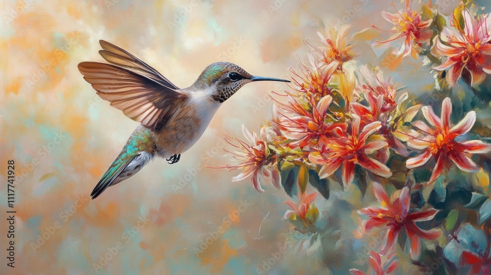 Naklejka premium Hummingbird and Flowers: A Whimsical Garden Scene