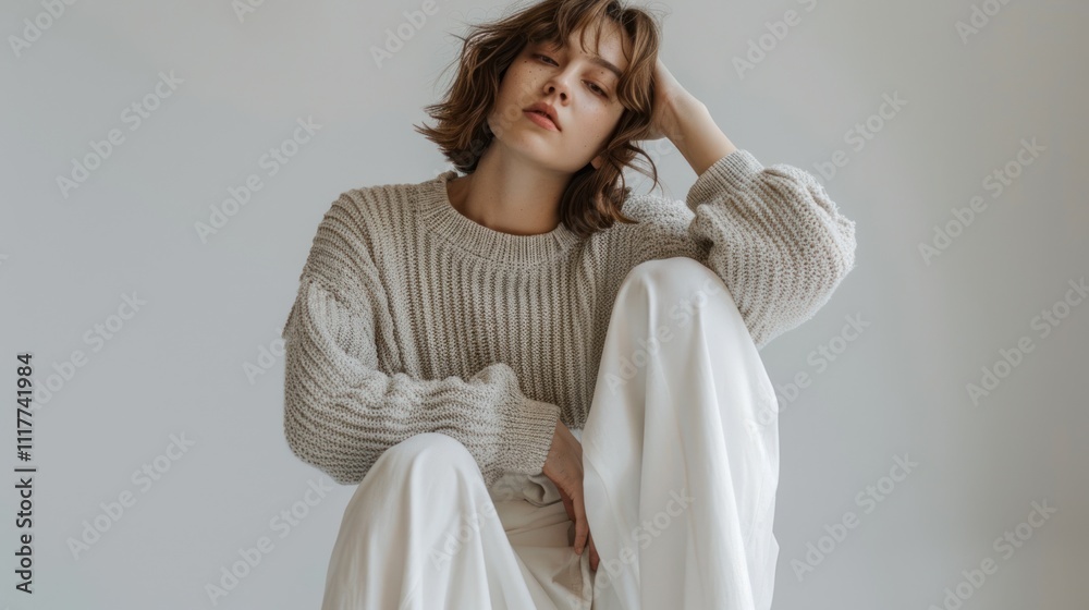 Serene Woman in Knitwear: A Fashion Portrait Serene Woman in Knitwear: A Fashion Portrait