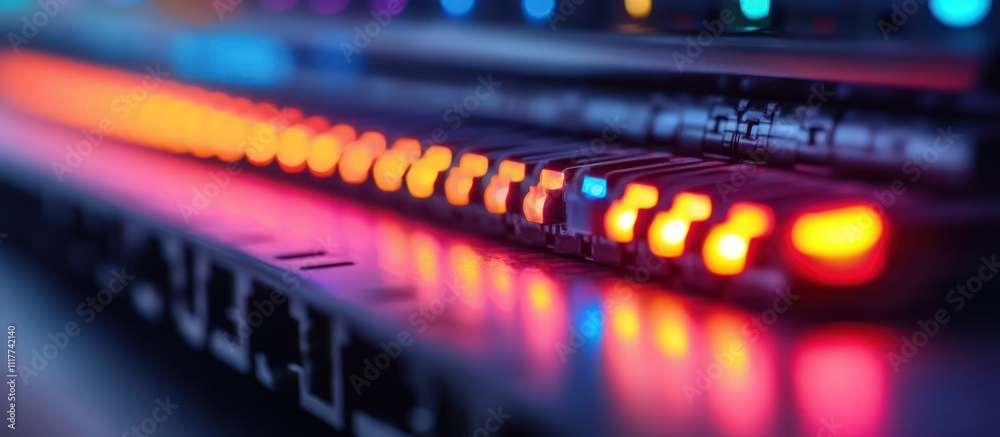 Close-up of glowing orange and red lights on a server rack. Close-up of glowing orange and red lights on a server rack.
