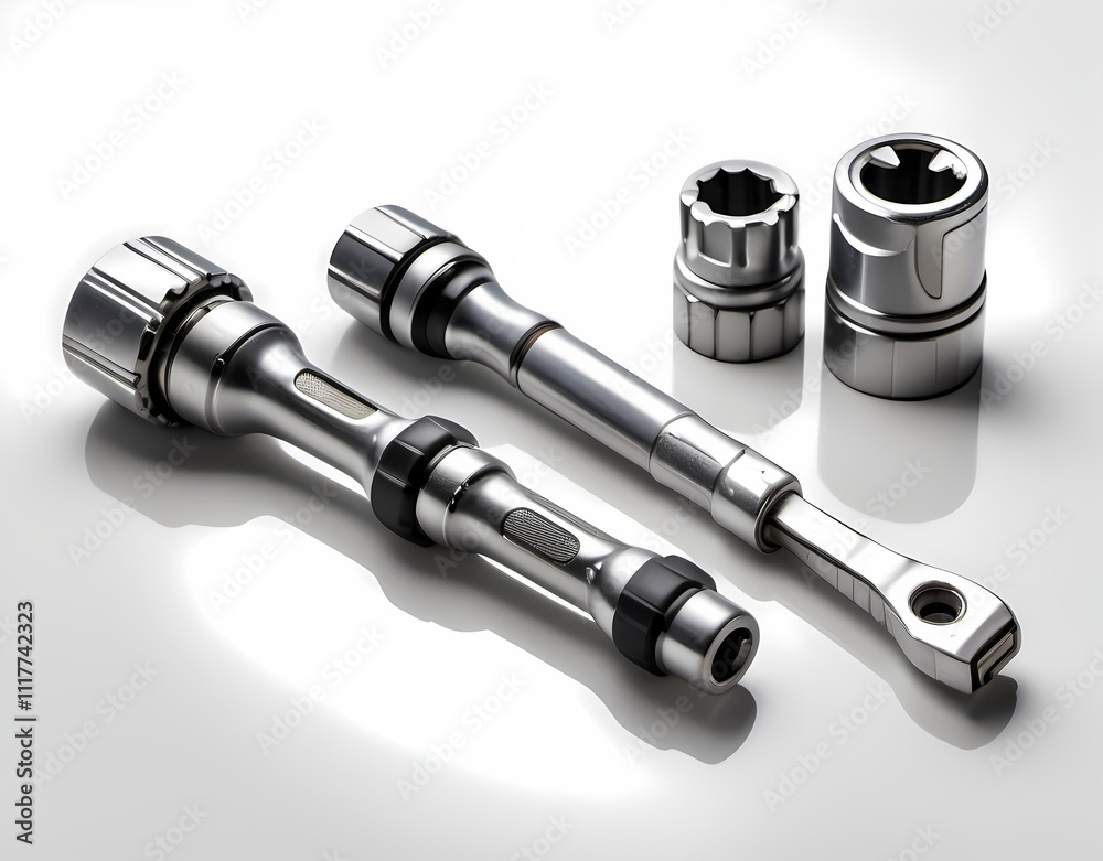 A ratchet and socket set on a clean white surface. Generative AI A ratchet and socket set on a clean white surface. Generative AI