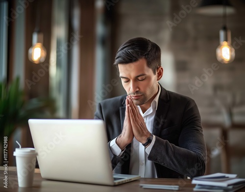 Man working on laptop  in an office cabin photo