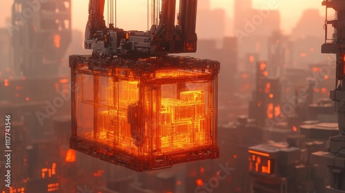 Futuristic Cityscape: Glowing Cube in a Dystopian Metropolis