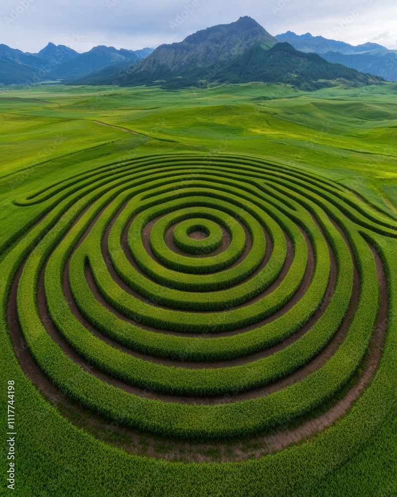 Aerial view of a lush, green rice field featuring intricate spiral patterns, surrounded by mountains and hills under a cloudy sky. Aerial view of a lush, green rice field featuring intricate spiral patterns, surrounded by mountains and hills under a cloudy sky.