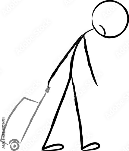 Vettoriale di un omino che trascina un trolley, in una posizione che esprime tristezza. 
