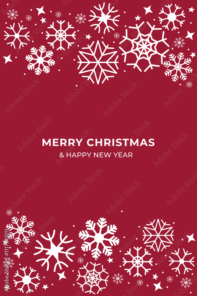 Merry Christmas Card and Happy New Year greeting card with white color Snowflake on red color background Merry Christmas Card and Happy New Year greeting card with white color Snowflake on red color background