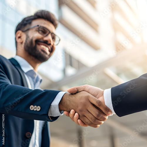 business people shaking hands in front of building