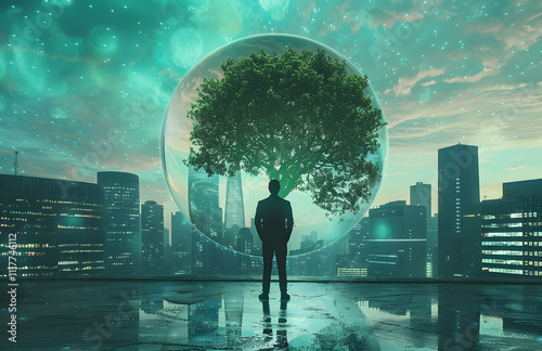 Man gazing at a tree in a futuristic city.  Environmental protection concept. photo