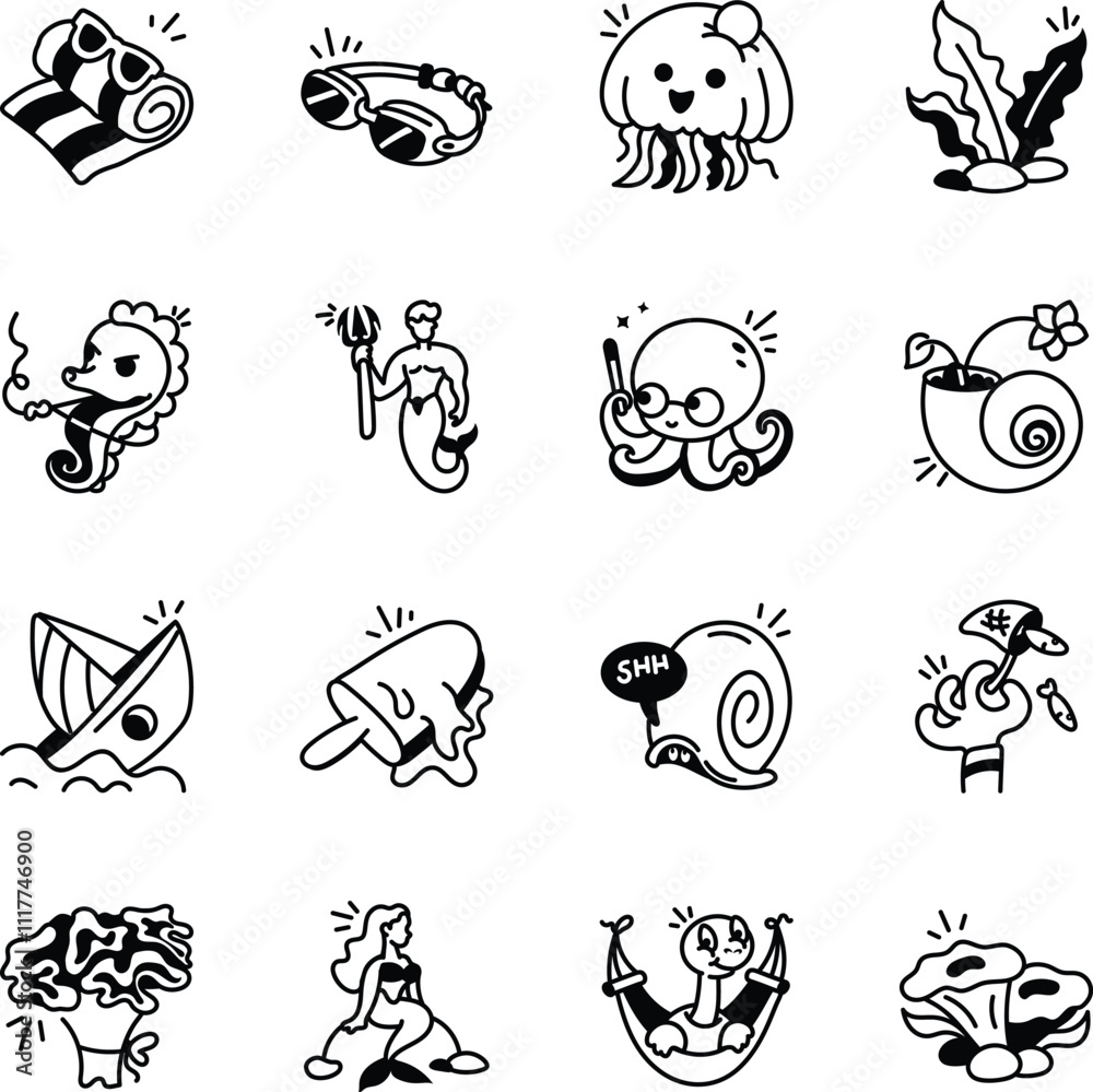 Naklejka premium Collection of Hand Drawn Ocean Icons