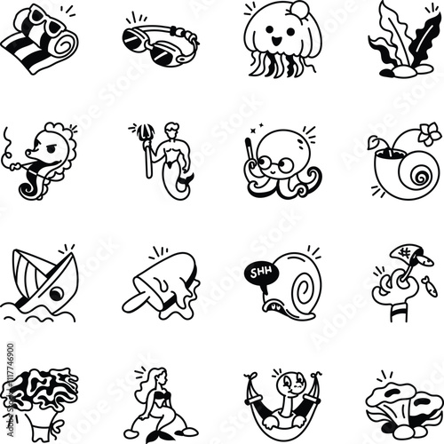 Collection of Hand Drawn Ocean Icons 


