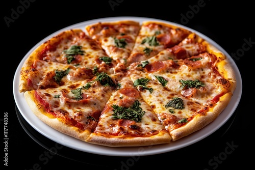 The pizza melts and spreads on a white round plate. a picture on a black background