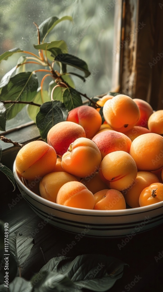 Freshly harvested and ripe apricots and peaches displayed in a rustic wooden bowl on a weathered wooden table surrounded by lush green leaves Freshly harvested and ripe apricots and peaches displayed in a rustic wooden bowl on a weathered wooden table surrounded by lush green leaves