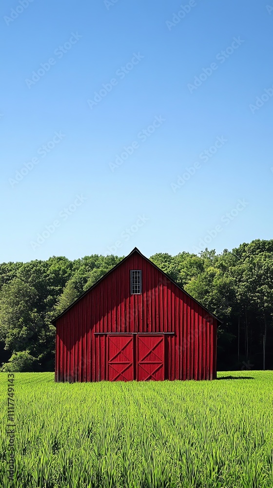 Fototapeta premium A vibrant red barn stands in a green field under a clear blue sky, surrounded by trees.
