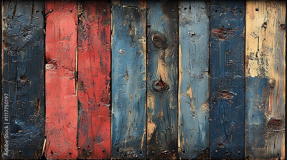 A weathered wooden panel with vertical boards painted in shades of red, blue, and yellow. A weathered wooden panel with vertical boards painted in shades of red, blue, and yellow.