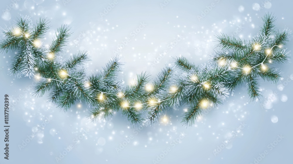Frosted pine garland with lights on light blue background Frosted pine garland with lights on light blue background
