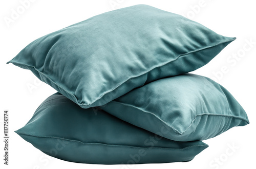 Three stacked teal pillows with a silky texture