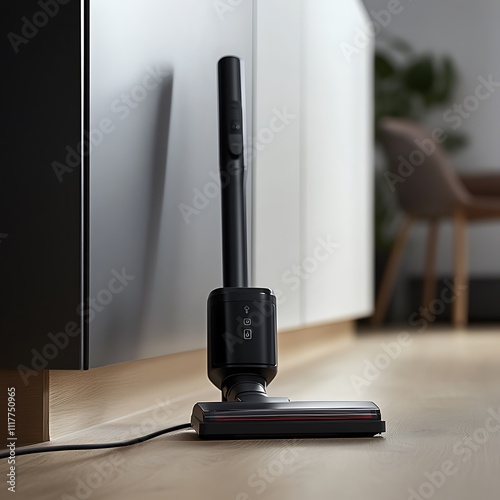 A cordless stick vacuum cleaner stands upright against a kitchen cabinet, ready for use on a light wood floor.