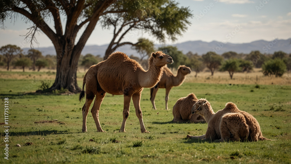 Obraz premium Two camels, a mother and a baby, in a grassy field with mountains 