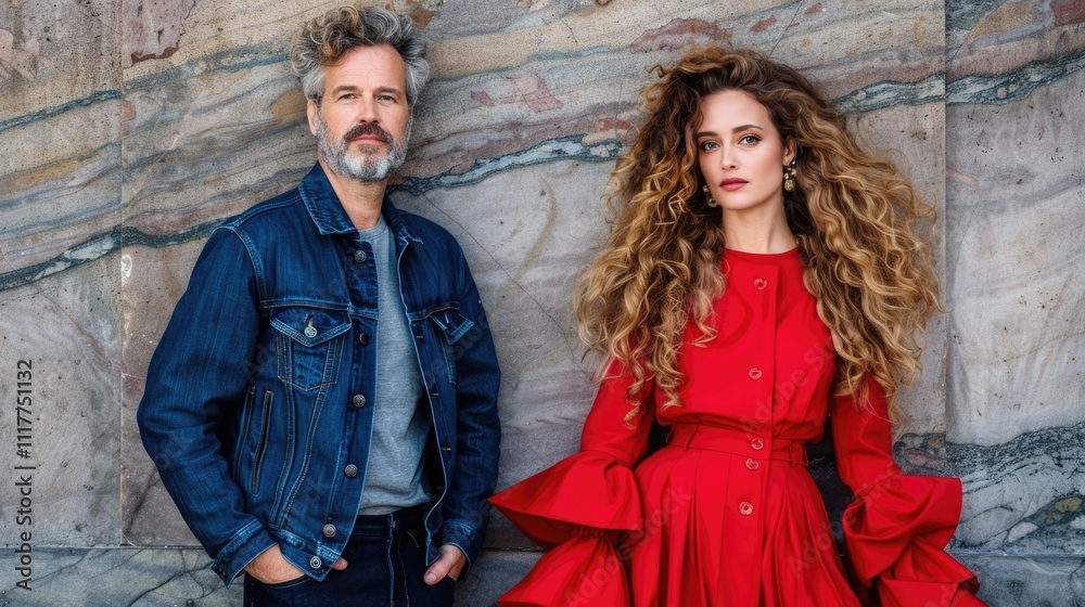 Stylish Couple in Denim and Red Dress Against Marble Wall Stylish Couple in Denim and Red Dress Against Marble Wall