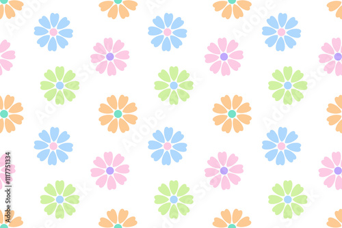 A seamless pastel pattern featuring daisy-like flowers in soft colors on a white background. Ideal for designs.