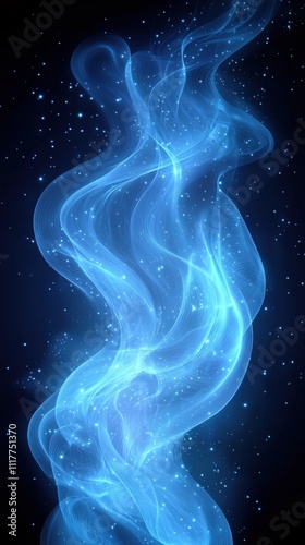 Captivating blue smoke swirls gracefully against a starry background in a mesmerizing display of light and movement