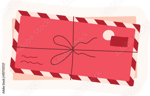 Cute flat valentine card sticker and envelope in red and pink colors. Handmade note with love theme, perfect for holiday celebration. Ideal for romantic messages or creative gift ideas.