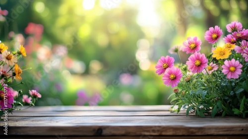 Vibrant Cosmos Flowers on Rustic Wooden Table.