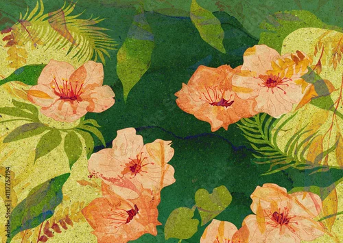 Obraz Ilustracja kwiaty zielone kontrastowe kolory abstrakcja motyw roślinny materiał.
