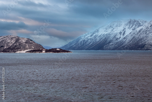 Landscape with a fjord and mountains, Harstad, Norway photo